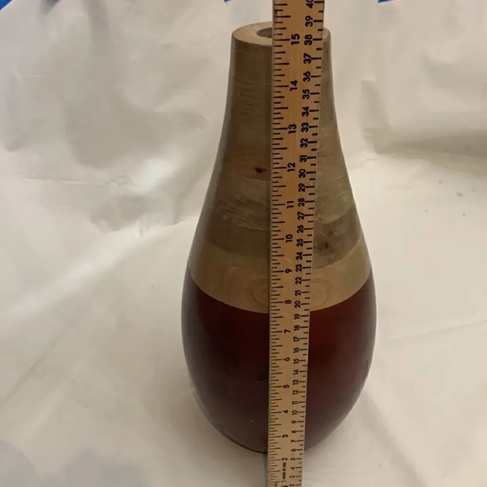 India Wood Handcrafted Vase 15 Inches Tall 2 Toned Accent Floral Decorative